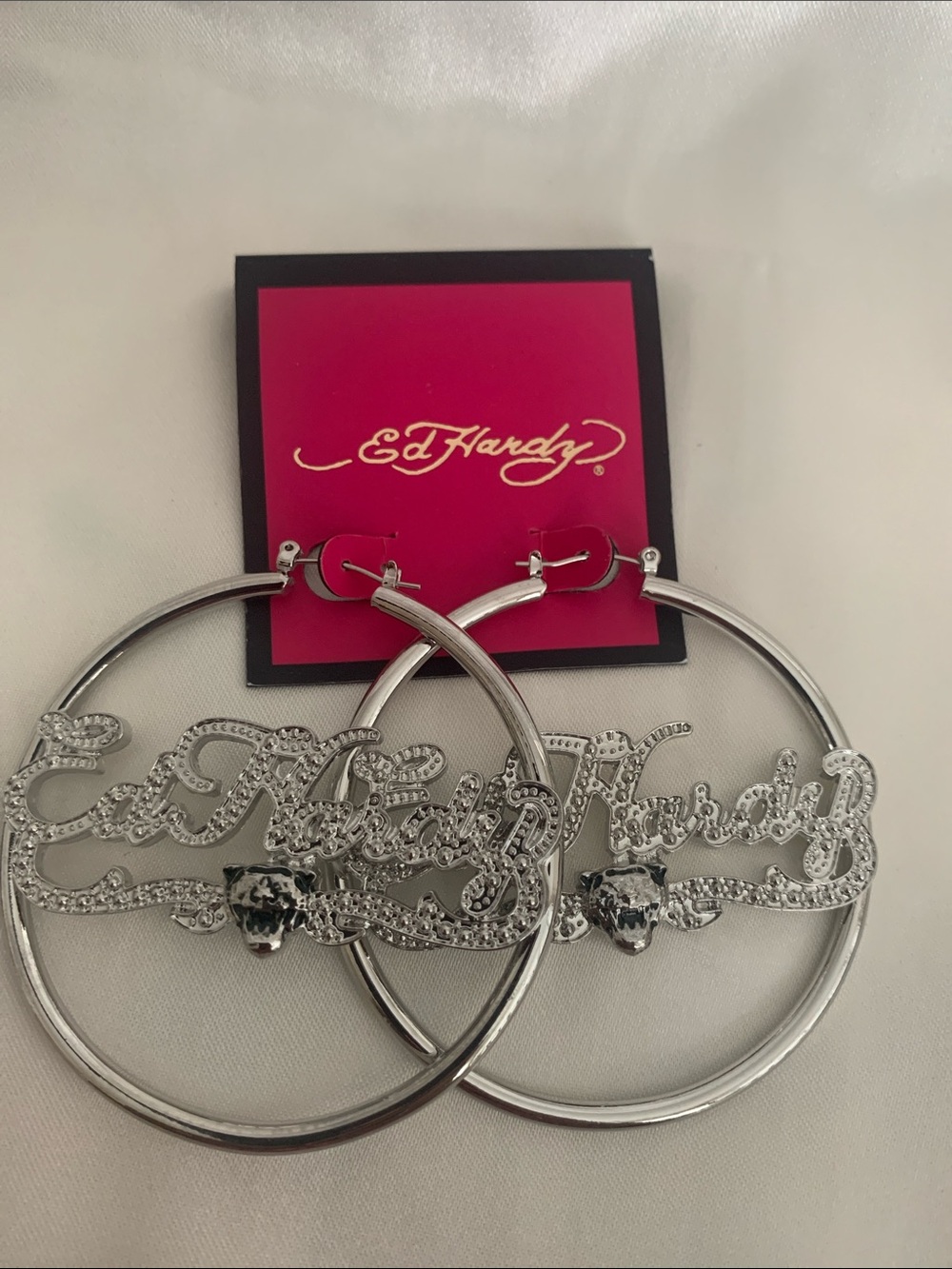 Ed Hardy Silver Script Hoop Earrings with Logo Detail